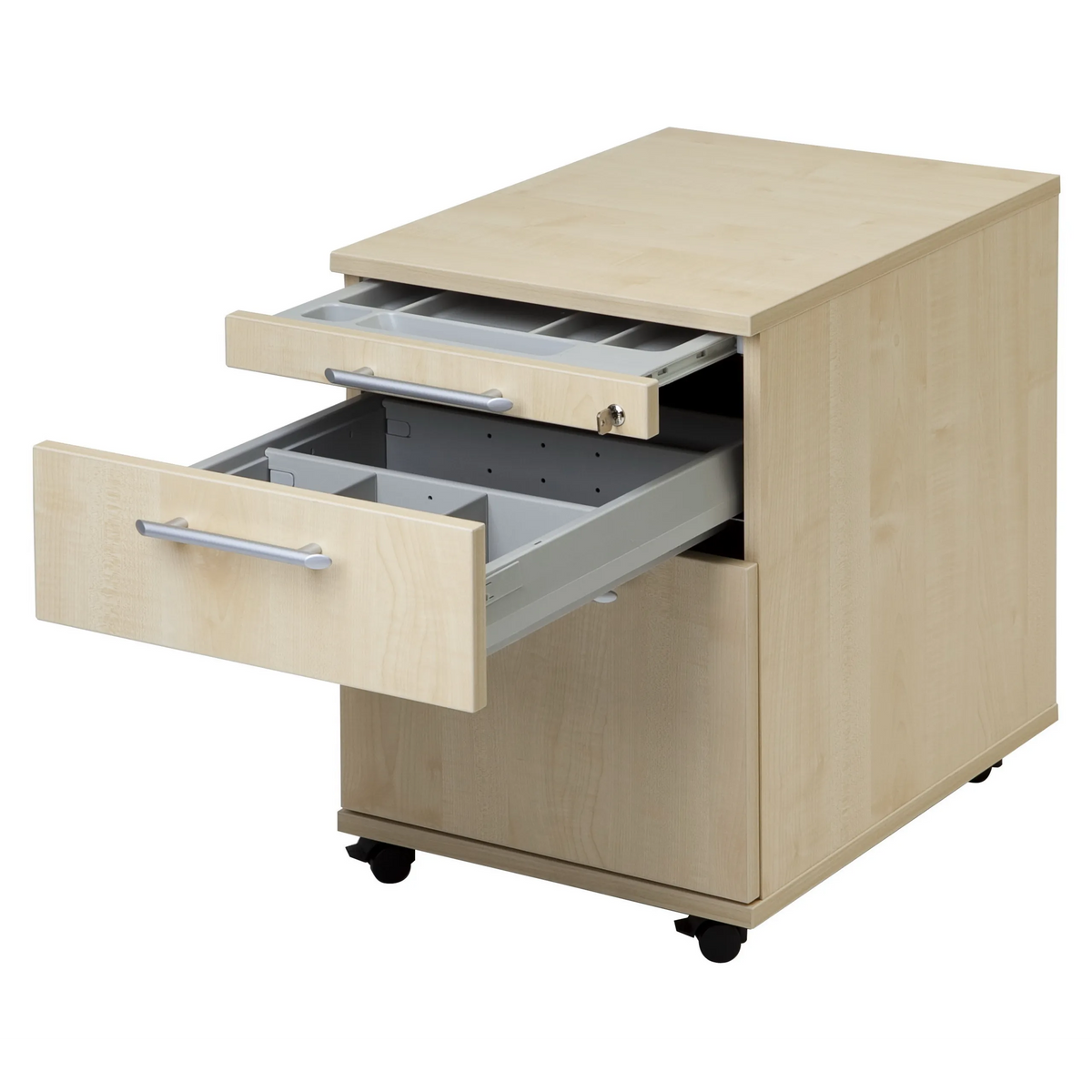 System Rollcontainer SIGNA AC20 in Asteiche mit zwei ausgezogenen Schubladen und Bügelgriffen von hjh OFFICE PRO