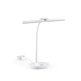 Weiße Schreibtischlampe Lumanova D6 mit rundem Standfuß, flexiblem Hals und flachem Lampenkopf von hjh OFFICE – 360-Grad-Ansicht (Frontansicht 0°)