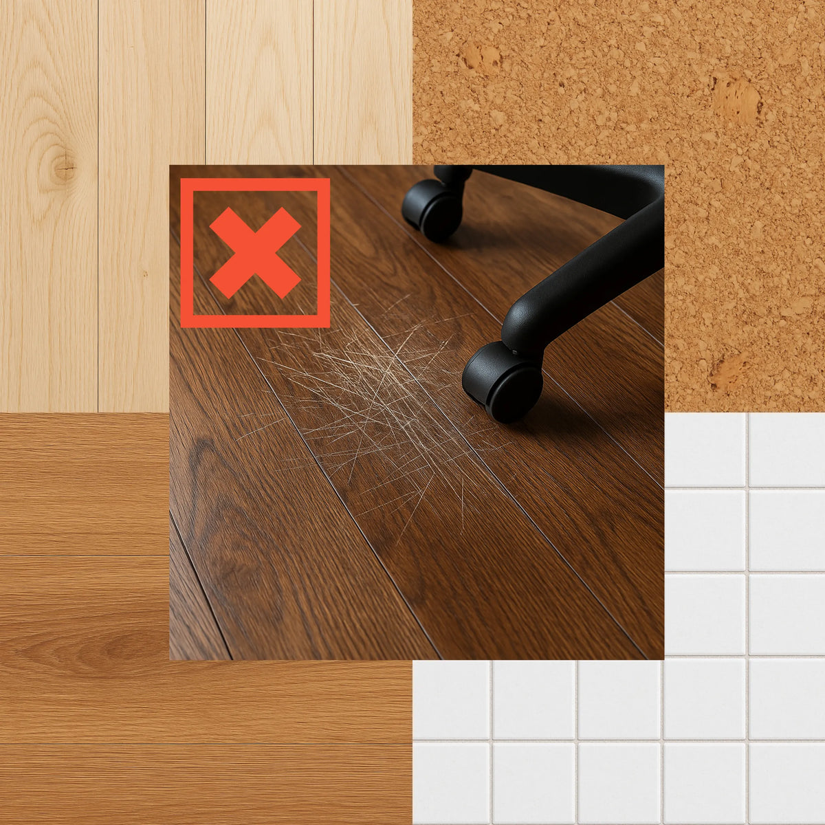 Kratzer auf einem Holzboden durch Rollen ohne Bodenschutzmatte ULTIMAT von Floortex