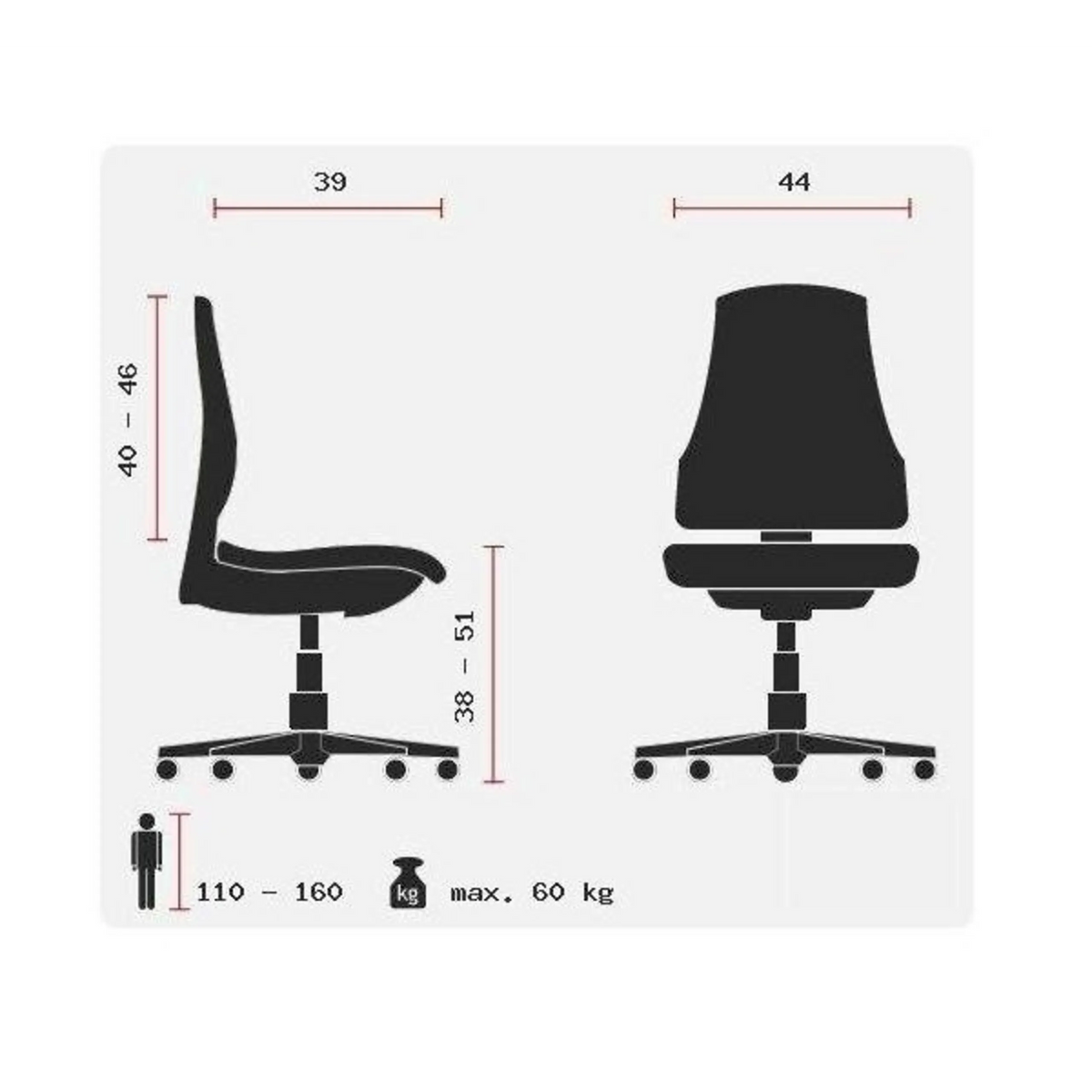 Technische Zeichnung des Kinderdrehstuhls SMAXX mit einer Sitzhöhe von 38 bis 51 cm von Topstar