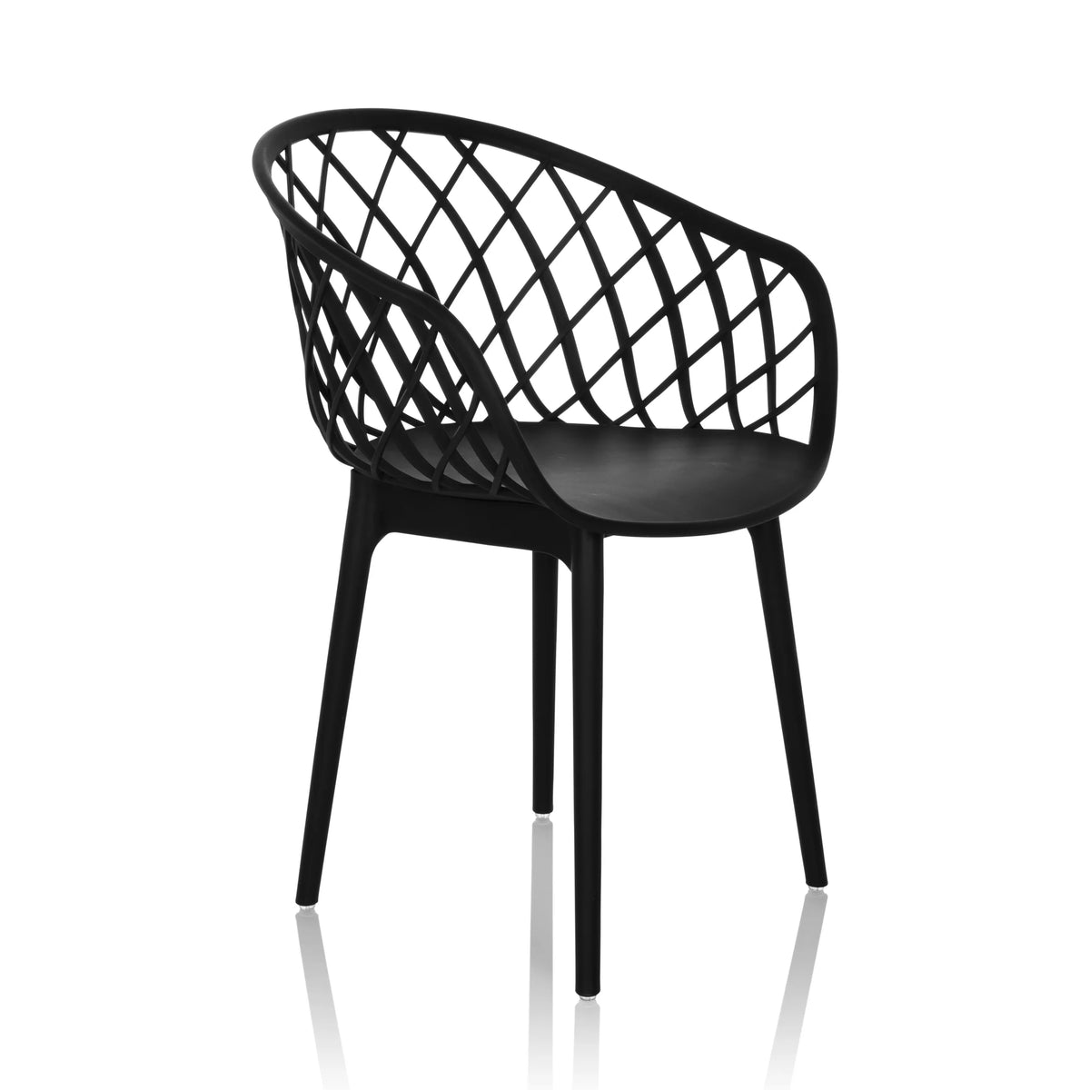 Schwarzer Schalenstuhl BEGIO B mit gitterförmiger Rückenlehne und vier Beinen von hjh OFFICE – 360-Grad-Ansicht (schräge Frontansicht 45°)