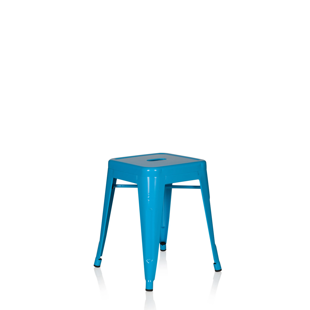Hellblauer Bistrohocker VANTAGGIO mit quadratischer Sitzfläche und Verstrebungen von hjh OFFICE – 360-Grad-Ansicht (schräge Frontansicht 40°)