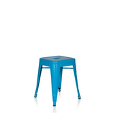 Hellblauer Bistrohocker VANTAGGIO mit quadratischer Sitzfläche und Verstrebungen von hjh OFFICE – 360-Grad-Ansicht (schräge Frontansicht 40°)