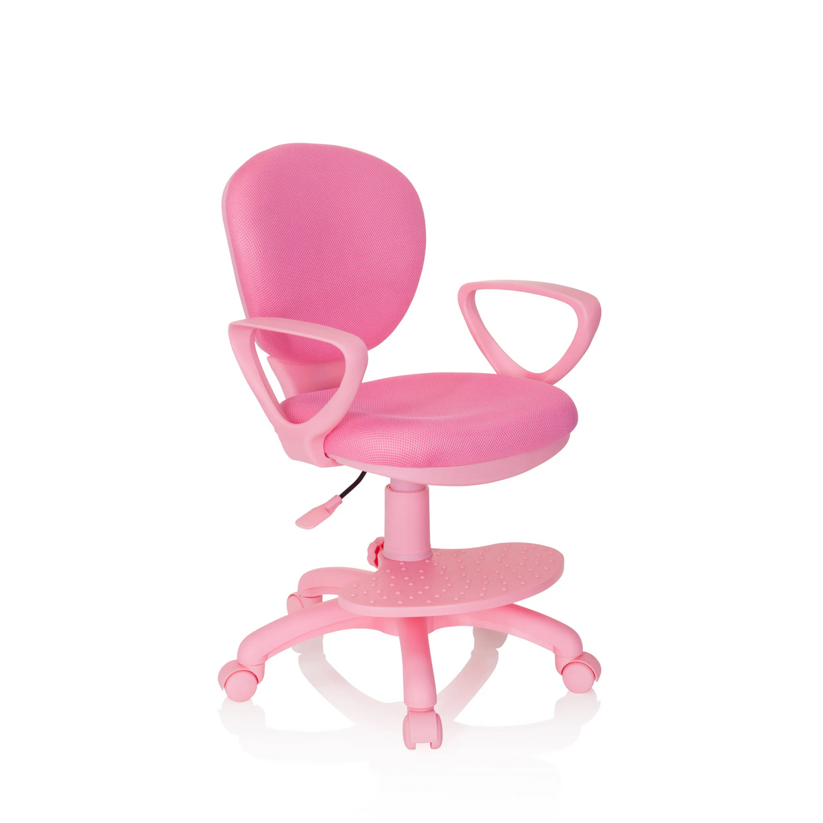 Rosa Kinderdrehstuhl KID COLOUR mit Armlehnen und Fußkreuz mit fünf Rollen von hjh OFFICE – 360-Grad-Ansicht (schräge Frontansicht 40°)