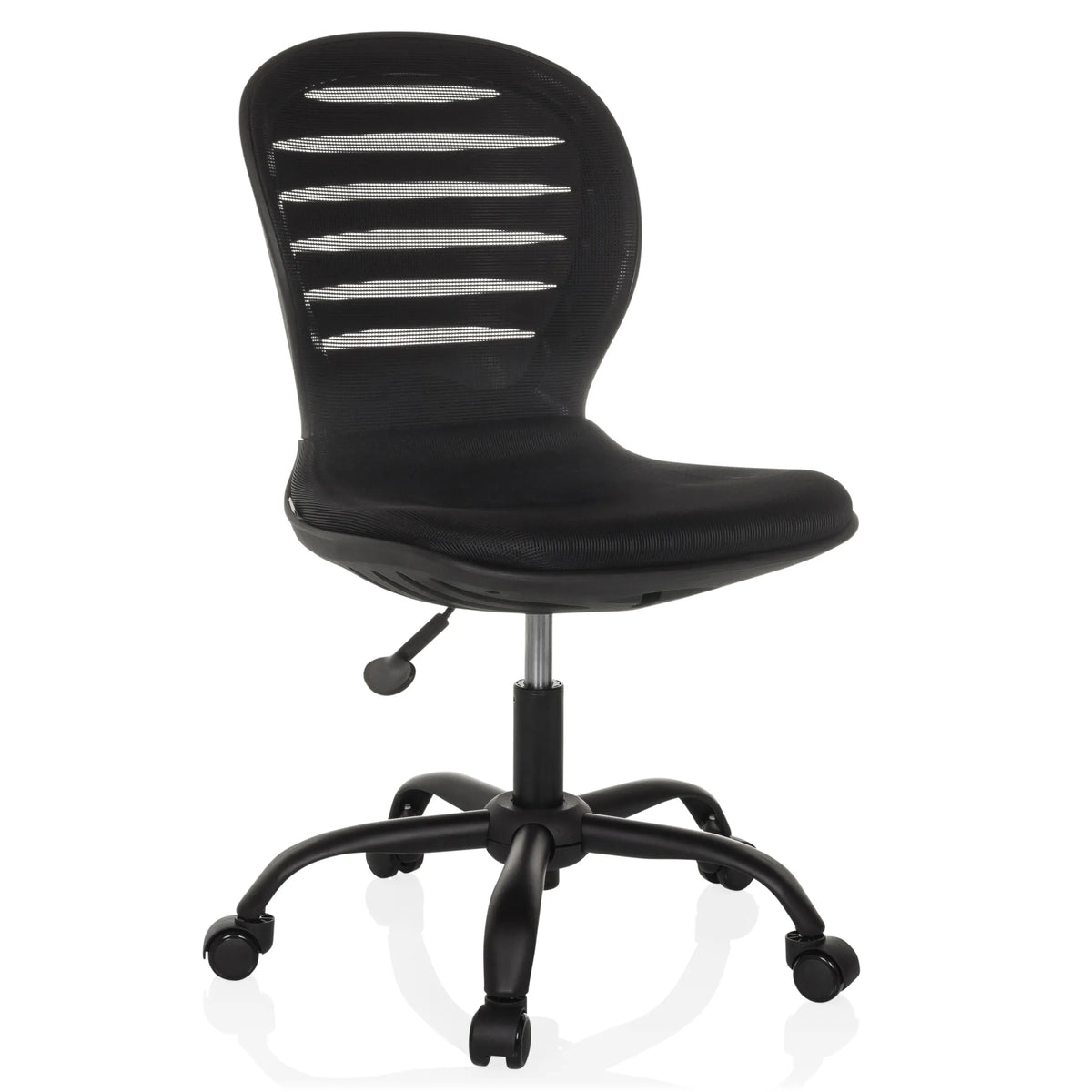 Schwarzer Homeoffice-Bürostuhl CASLA mit Netzrücken und Fußkreuz mit fünf Rollen von hjh OFFICE – 360-Grad-Ansicht (schräge Frontansicht 30°)