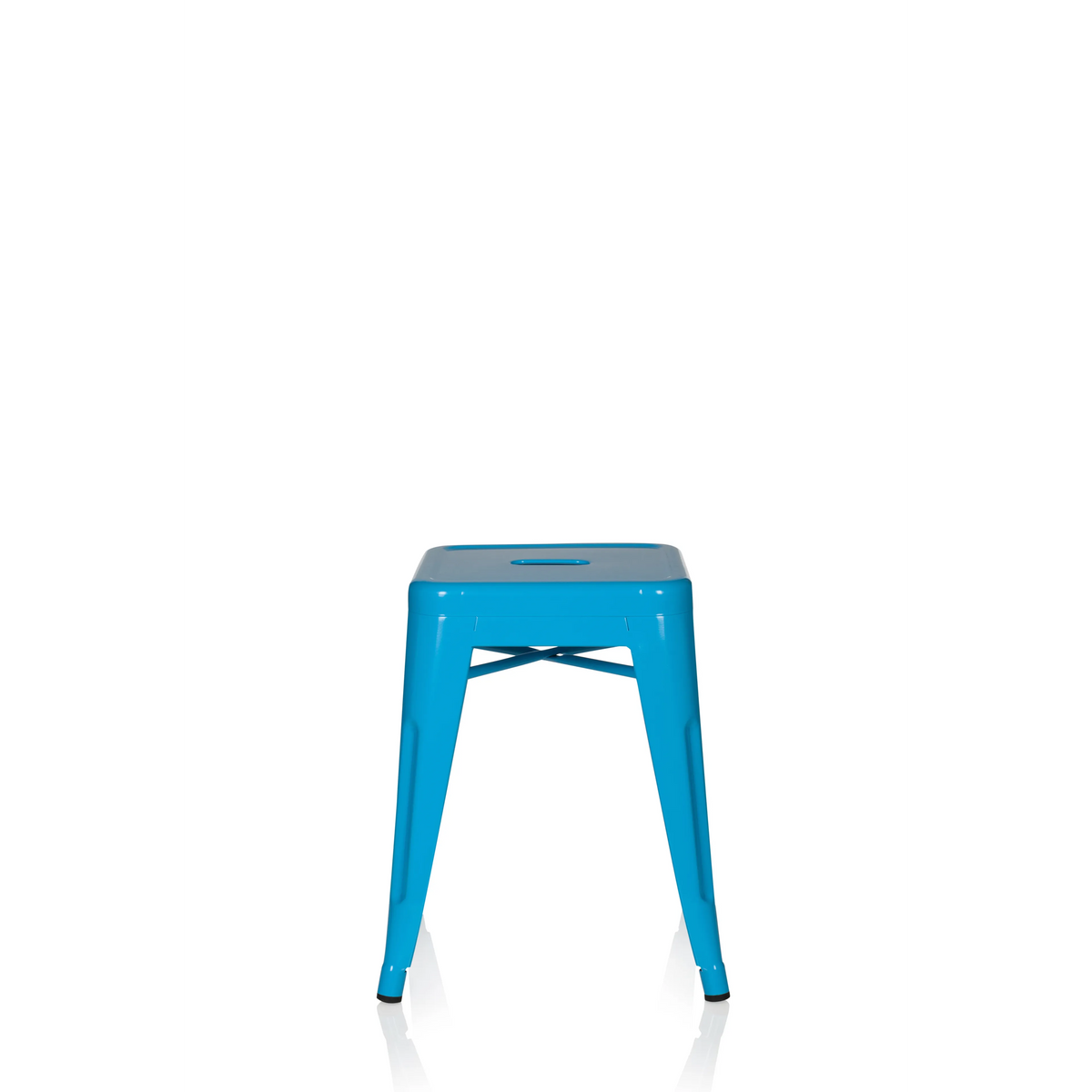 Hellblauer Bistrohocker VANTAGGIO mit quadratischer Sitzfläche und Verstrebungen von hjh OFFICE – 360-Grad-Ansicht (Frontansicht 0°)