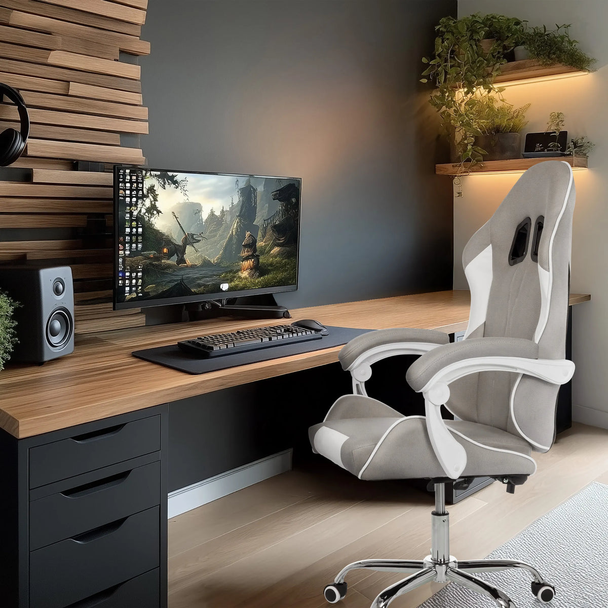 Gamingstuhl GAMEBREAKER W03 in Grau und Weiß mit weißen Akzenten und Armlehnen von MyBuero