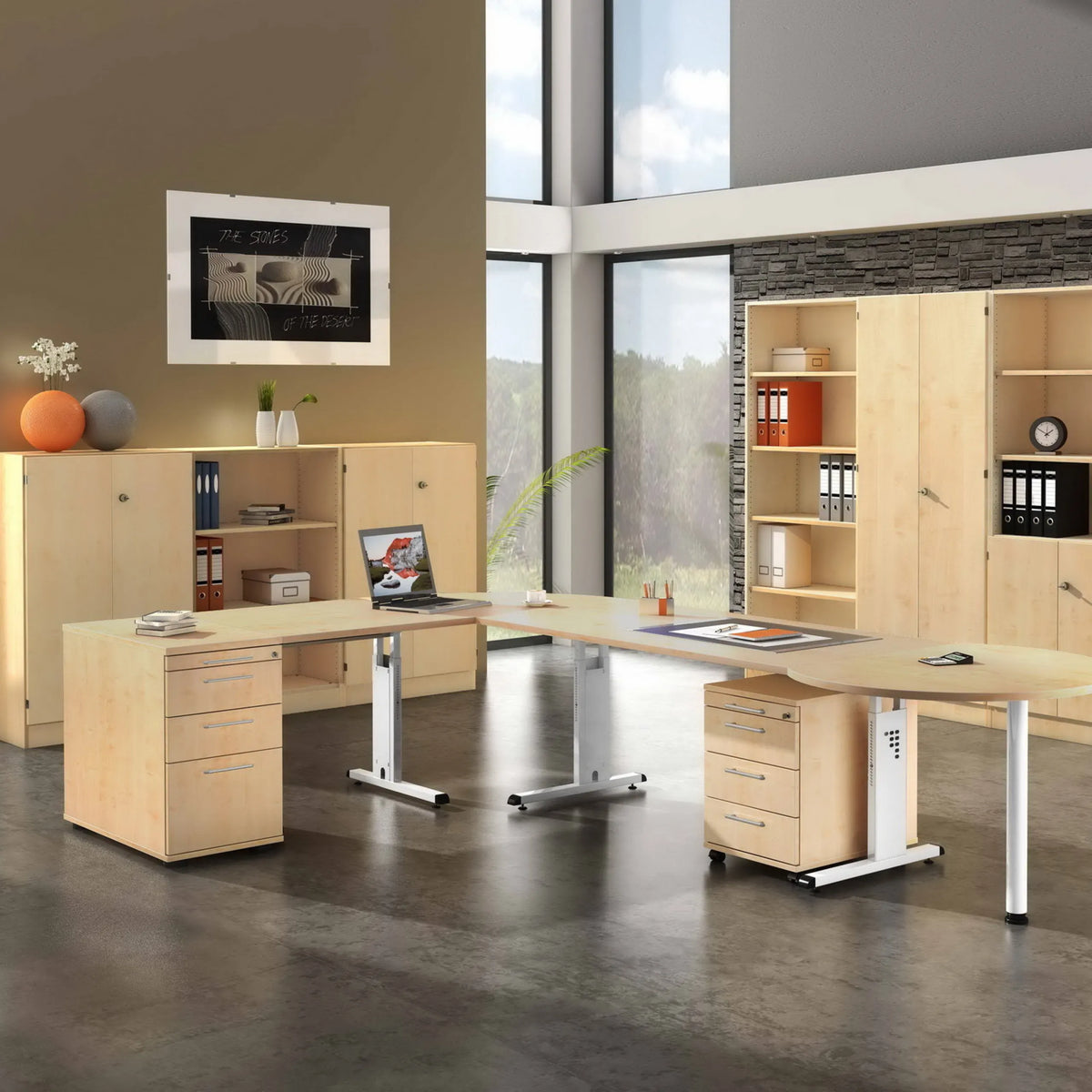 Höhenverstellbarer Schreibtisch MEGA 2E W in Ahorn und Weiß mit Rollcontainer und Sideboard von hjh OFFICE PRO