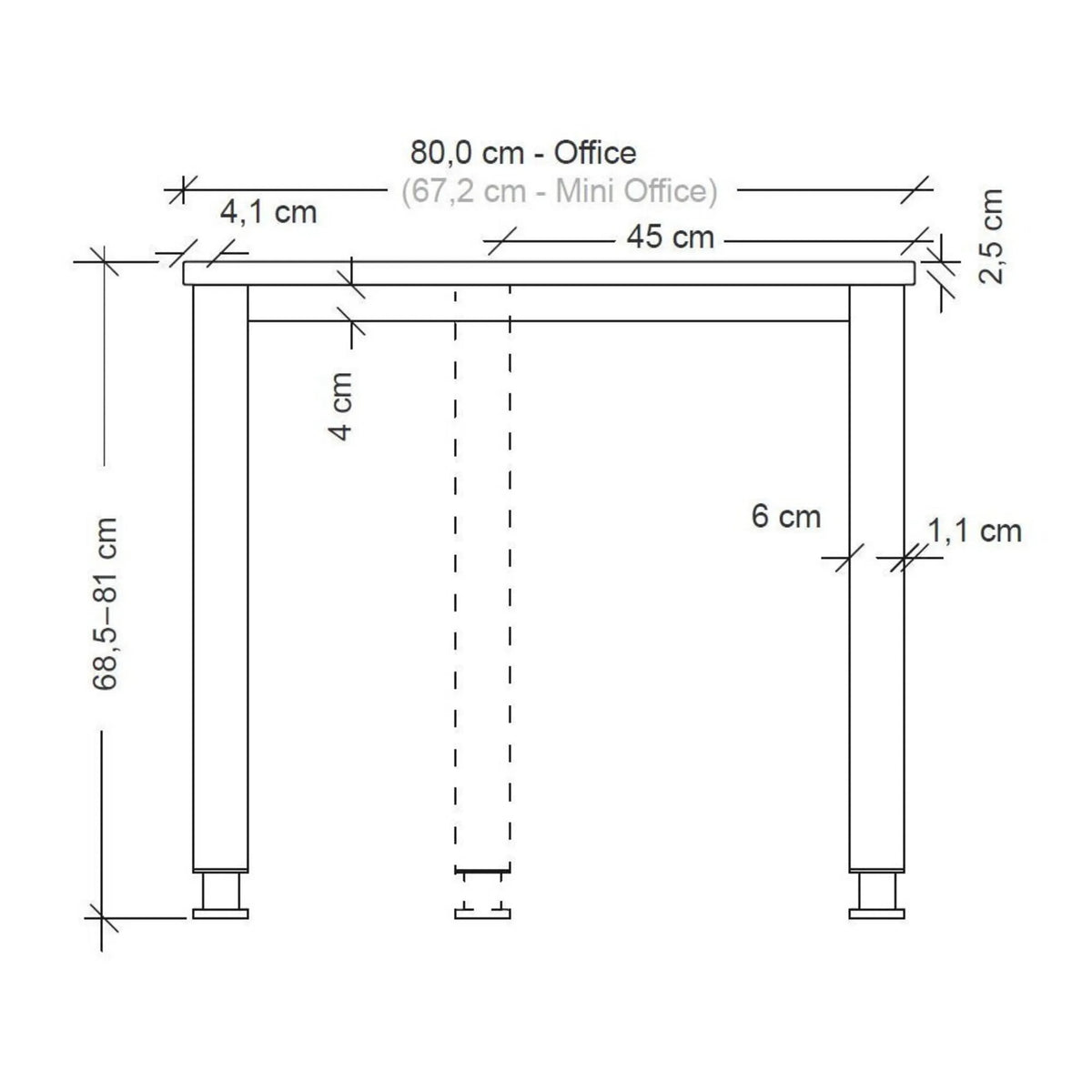 Maßzeichnung des Schreibtisches HILO 16 S der Serie HILO mit einer Tiefe von 80,0 cm von hjh OFFICE PRO