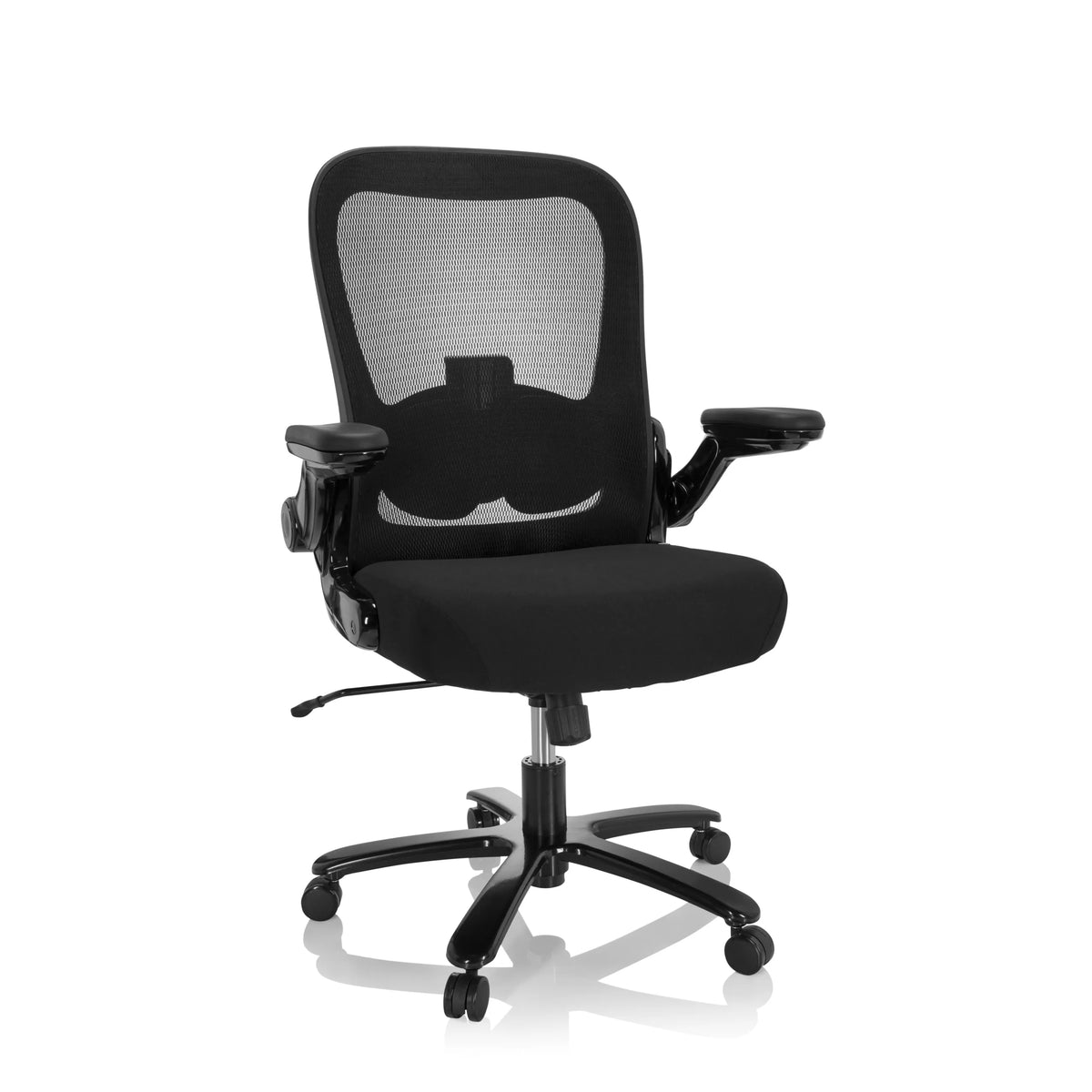 Schwarzer XXL Drehstuhl INSTRUCTOR SW I mit Netzrücken, Armlehnen und Fußkreuz mit fünf Rollen von hjh OFFICE – 360-Grad-Ansicht (Frontansicht 20°)
