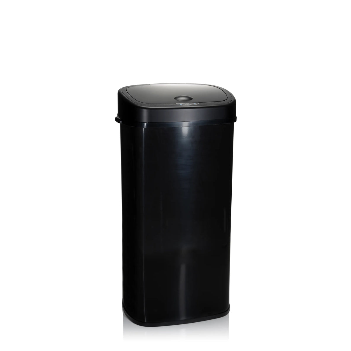 Schwarzer Sensor-Mülleimer CLEAN VI mit glänzendem Deckel von hjh OFFICE – 360-Grad-Ansicht (schräge Rückenansicht 120°)