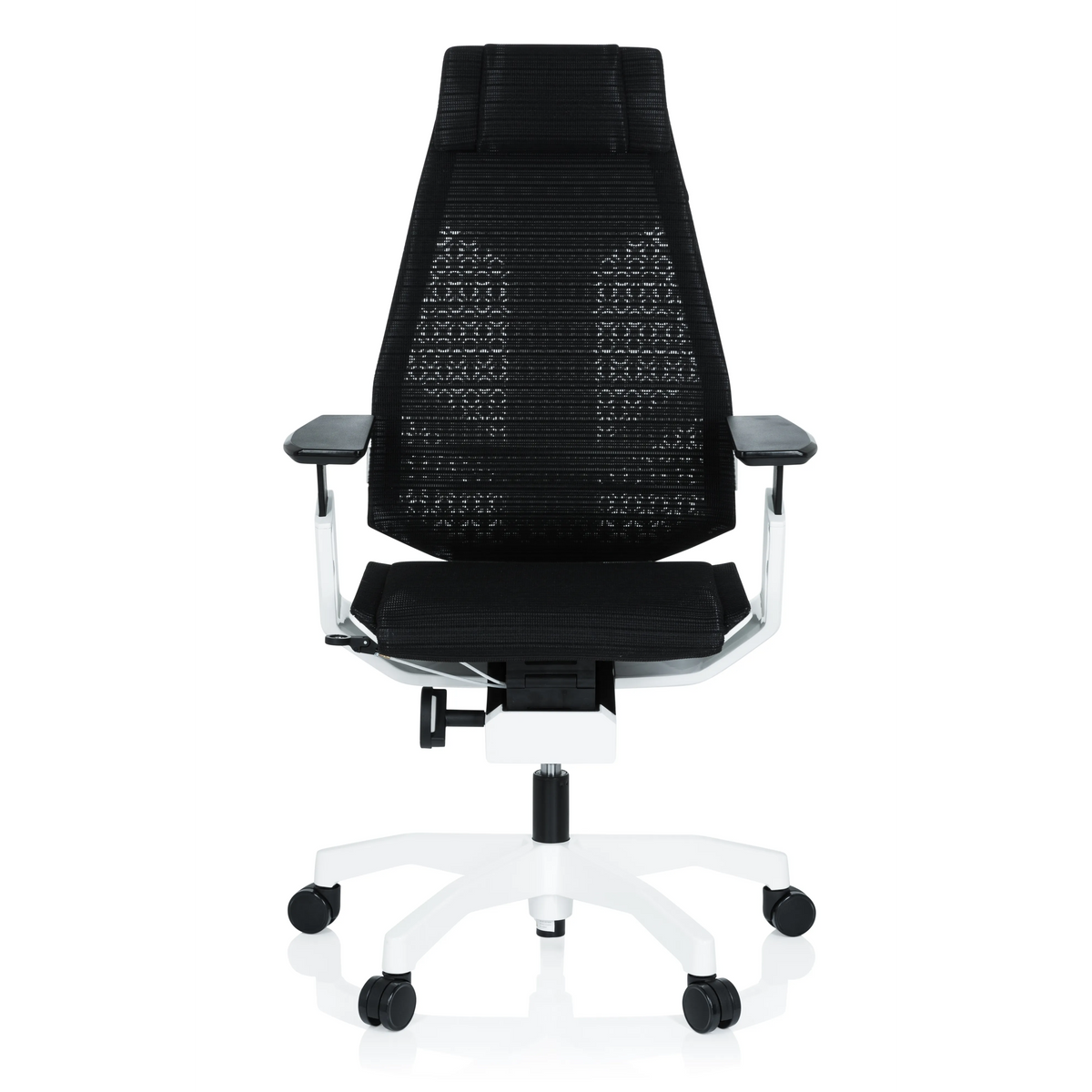 Schwarzer High-End-Bürostuhl GENIDIA PRO WHITE mit Netzrücken und weißem Fußkreuz mit fünf Rollen von hjh OFFICE – 360-Grad-Ansicht (Frontansicht 0°)