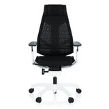 Schwarzer High-End-Bürostuhl GENIDIA PRO WHITE mit Netzrücken und weißem Fußkreuz mit fünf Rollen von hjh OFFICE – 360-Grad-Ansicht (Frontansicht 0°)