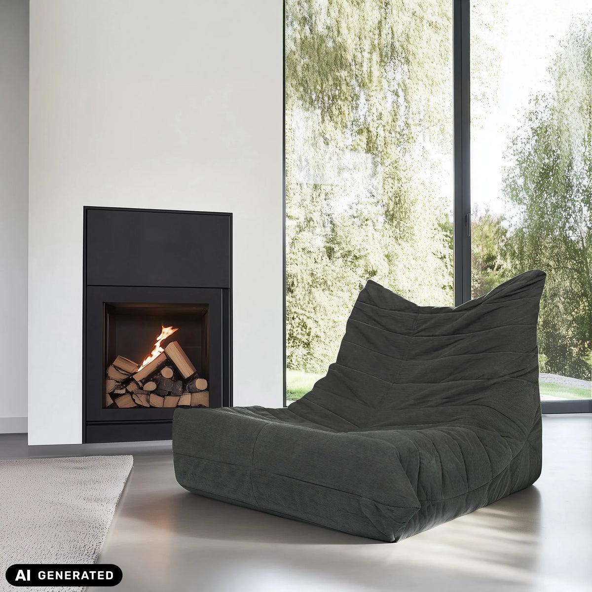 Grauer Loungesessel Sitzolo aus Cordstoff vor einem Kamin von hjh LIVING (KI-generiertes Bild)