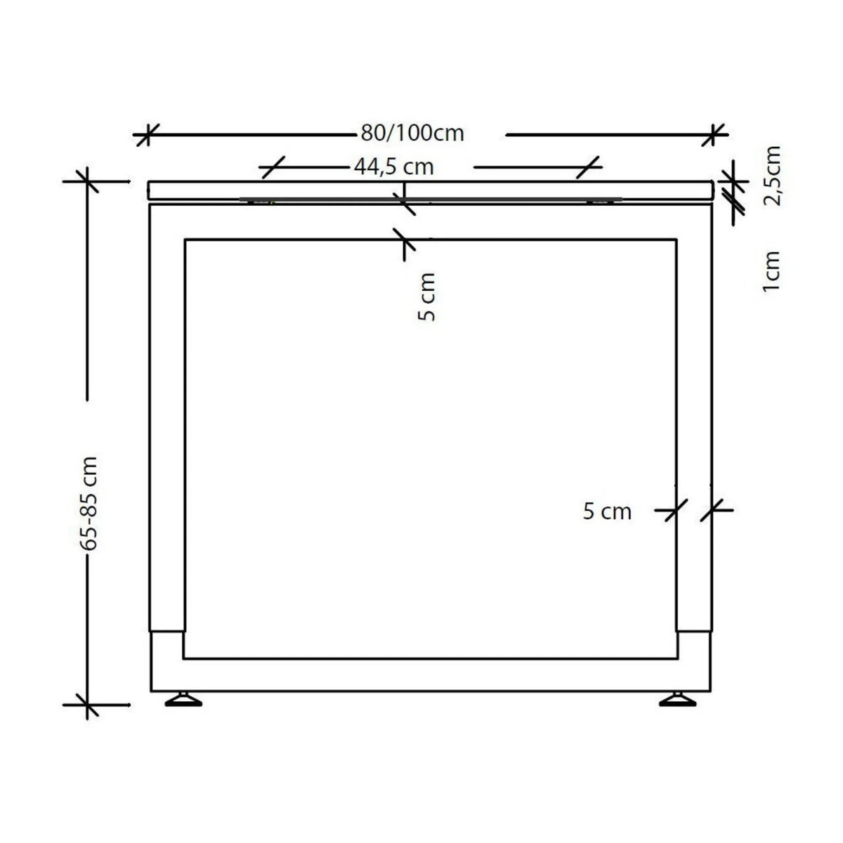 Maßzeichnung des Schreibtischs REGO 16 G mit einer Breite von 80/100 cm und Höhe von 65-85 cm von hjh OFFICE PRO