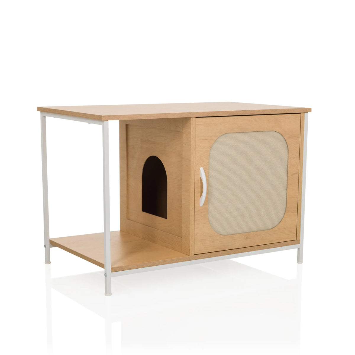 Weiß-buchenfarbenes Katzenhaus KITTYHOME 1 mit einem offenen Fach und einem Schrank mit Stofftür von hjh LIVING – 360-Grad-Ansicht (schräge Frontansicht 30°)