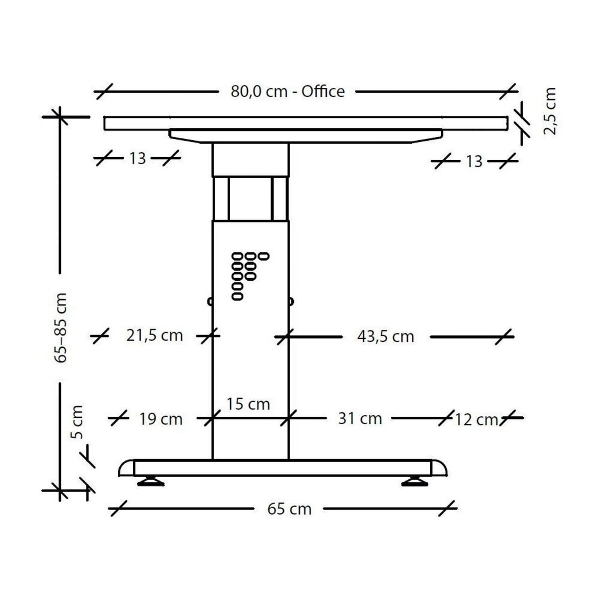 Maßzeichnung des Schreibtischs MEGA 82 W mit einer Breite von 80,0 cm und Höhe von 65 bis 85 cm von hjh OFFICE PRO