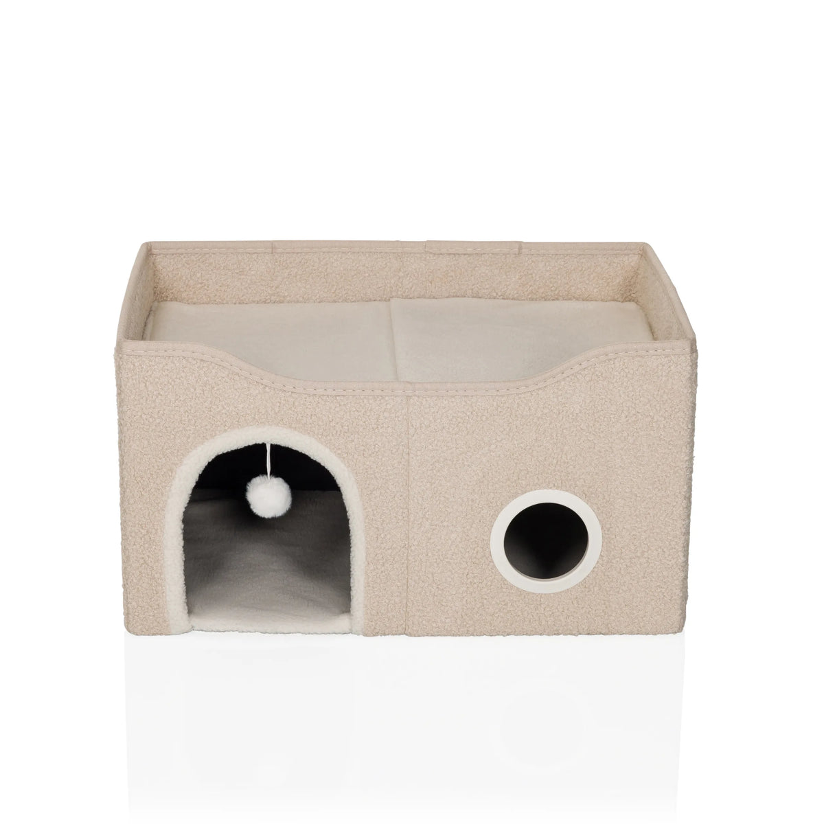 Beige Katzenhöhle PAWY EB mit Eingangsbogen, Spielball und seitlicher Öffnung von hjh LIVING – 360-Grad-Ansicht (Frontansicht 0°)