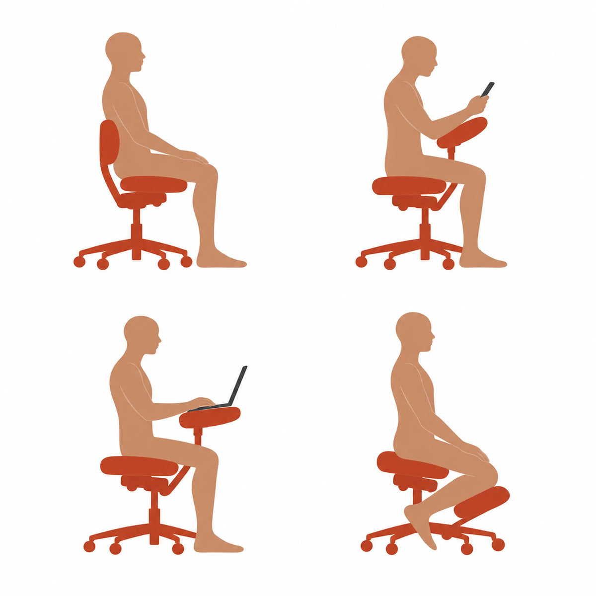 Vier verschiedene Sitzpositionen auf dem Kniehocker EvoShift in einer schematischen Darstellung von hjh OFFICE