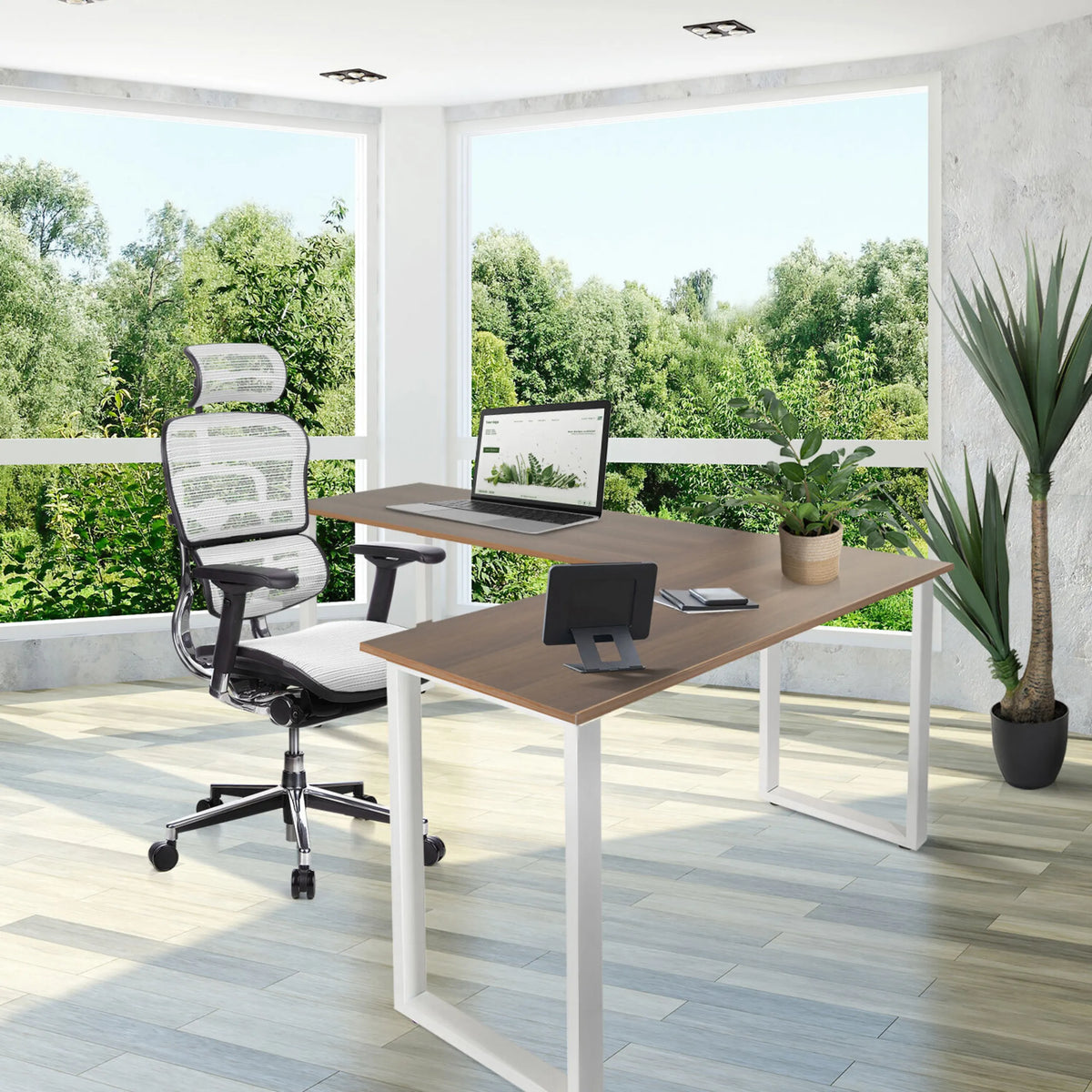 Eckschreibtisch WORKSPACE BASIC I in Walnuss und Weiß mit weißem Untergestell von hjh OFFICE
