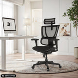 Schwarzer Luxus-Chefsessel ERGOHUMAN SLIM ECO F GEN2 mit Netzrücken im Homeoffice von hjh OFFICE (KI-generiertes Bild)