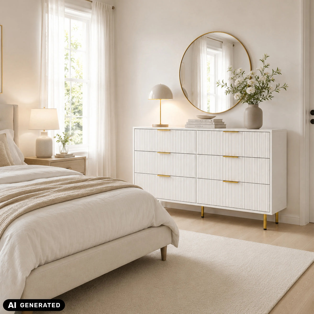 Weißes Sideboard HJELLE mit sechs Schubladen, goldenen Griffen und Beinen von hjh LIVING