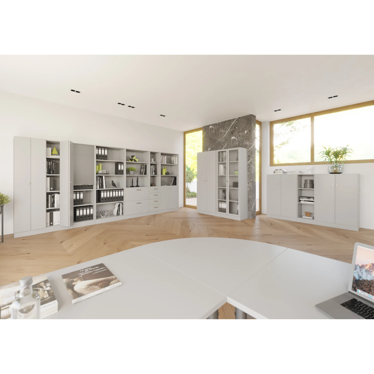 Modulares Regalsystem SIGNA K 6100G SG in Grau und Silber in einem hellen Büro von hjh OFFICE PRO