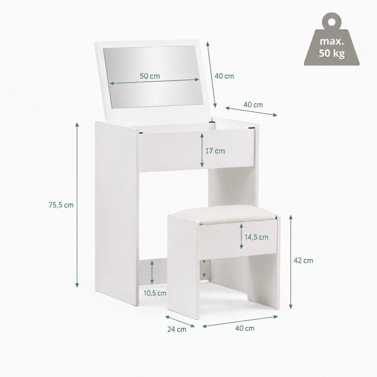 Technische Zeichnung des Schminkspiegels Glamdesk mit einer Höhe von 75,5 cm und Tiefe von 40 cm von hjh LIVING