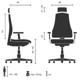 Technische Zeichnung des Homeoffice-Bürostuhls BRETON B mit einer maximalen Belastung von 120 kg von hjh OFFICE