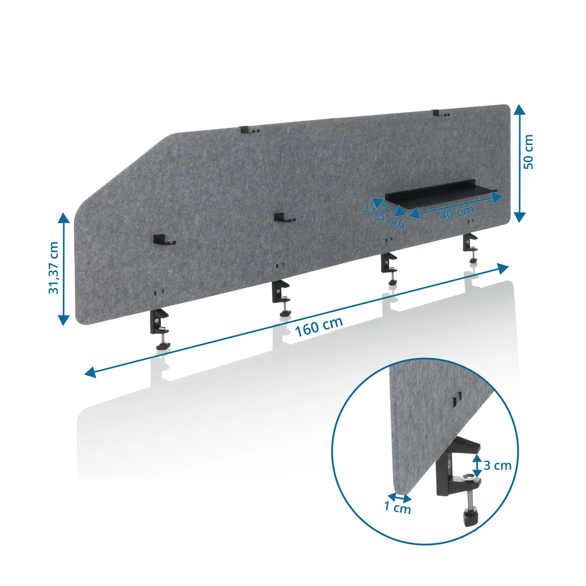 Maßzeichnung der Tischtrennwand FLEXMIUT T TOP mit 160 cm Breite und 50 cm Höhe von hjh OFFICE