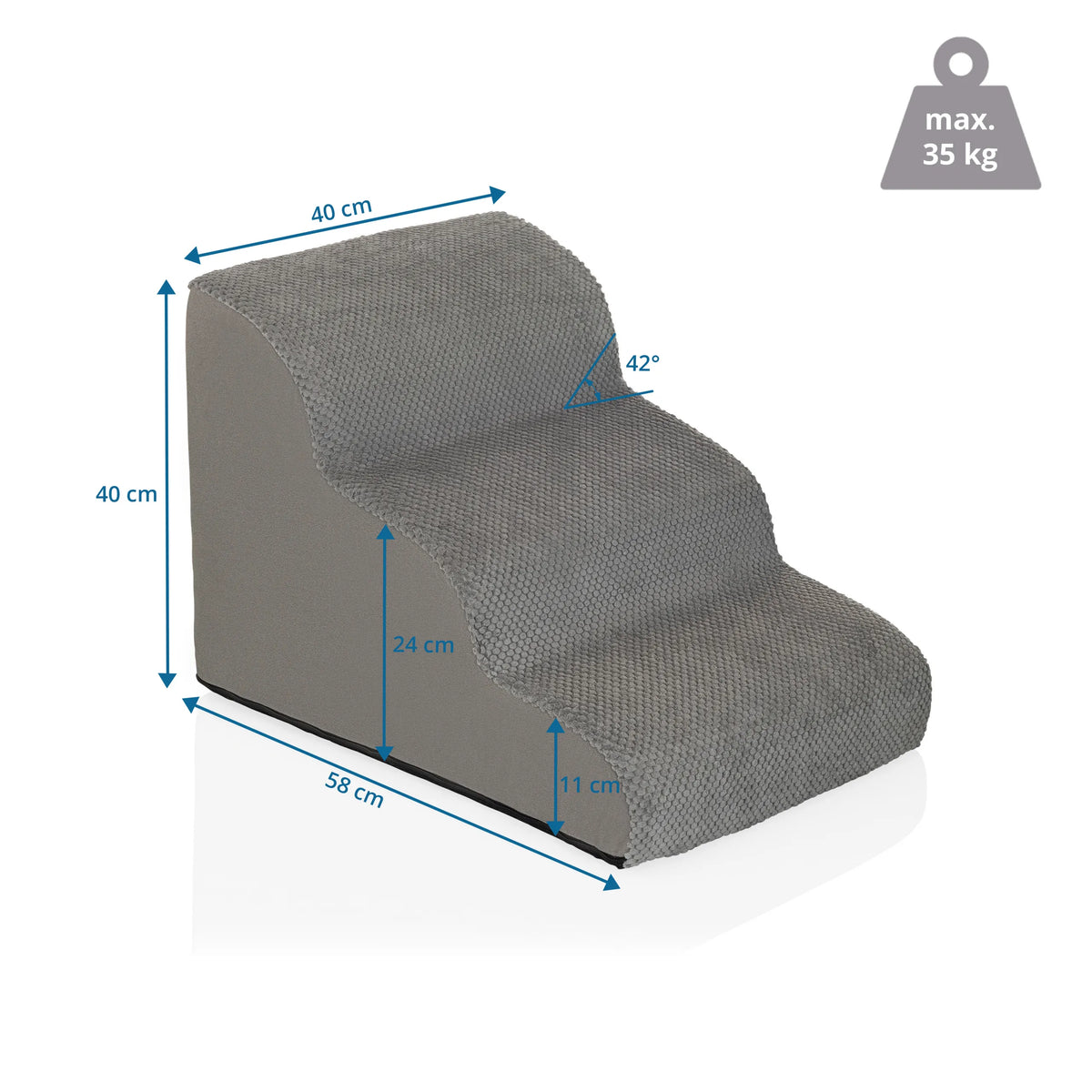 Maßzeichnung der Haustiertreppe PAWY STEP 3 mit 40 × 58 cm und einer Traglast von 35 kg von hjh LIVING