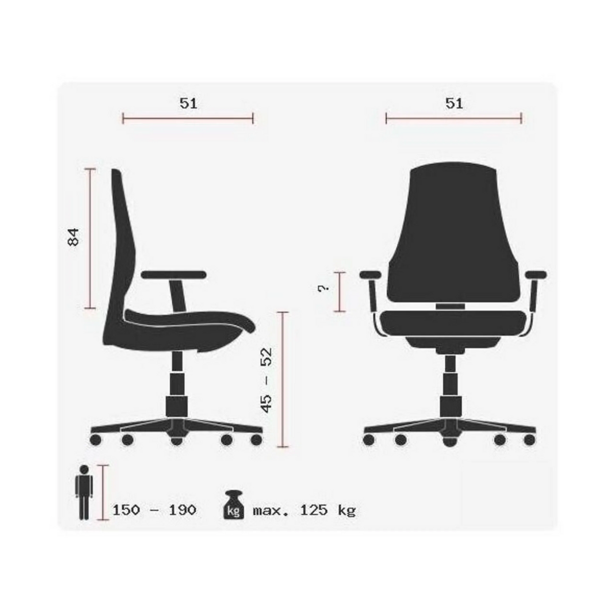 Technische Zeichnung des Profi-Bürostuhls ZERO 72 L mit einer Gesamthöhe von 84 cm von Sitwell Steifensand