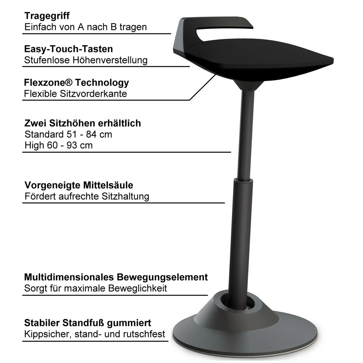 Schwarze Stehhilfe AERIS MUVMAN mit Tragegriff, Höhenverstellung und gummierter Standfuß von Aeris - Impulsmöbel