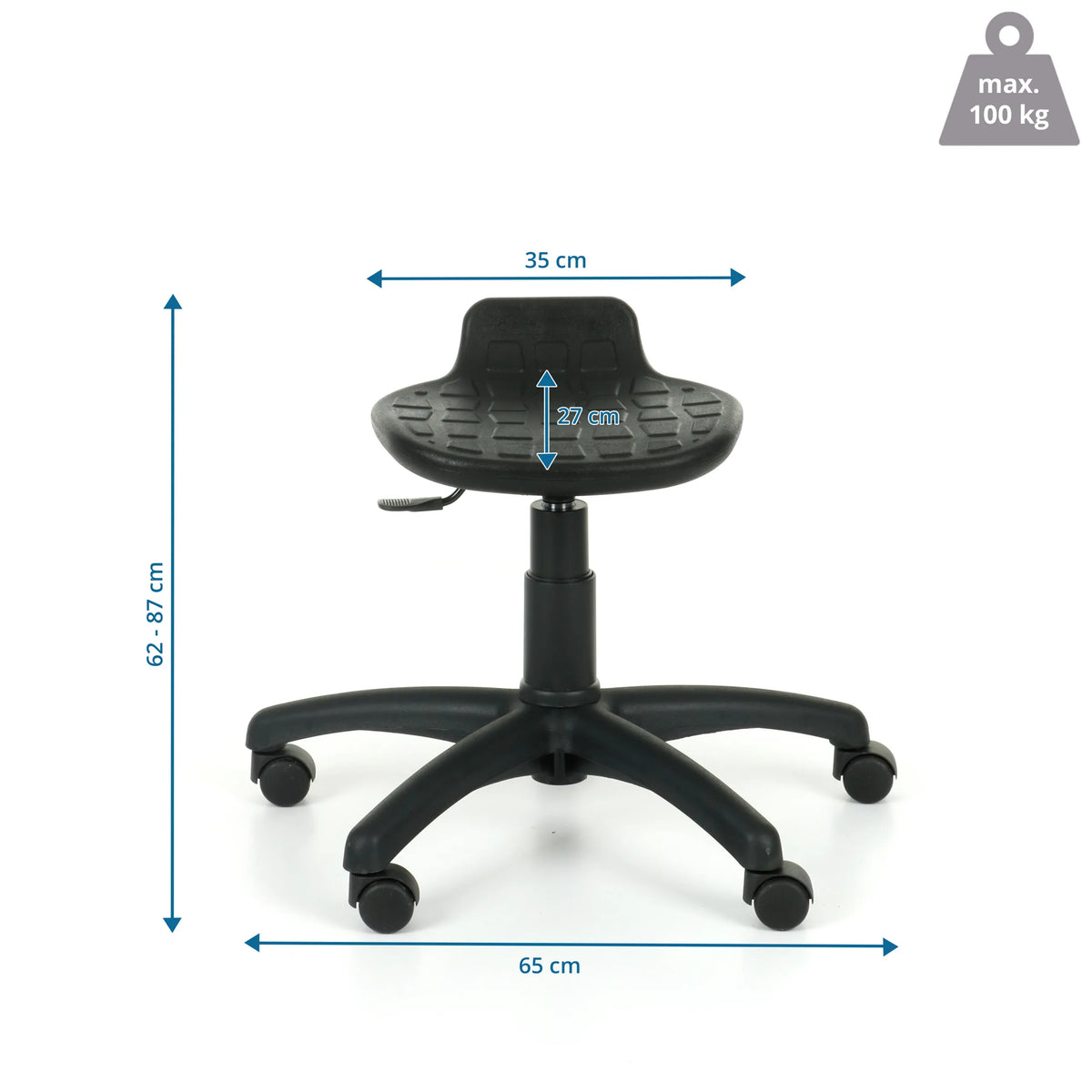 Maßzeichnung des Laborstuhls Labsto mit einer Breite von 65 cm und einer Höhe von 62 bis 87 cm von Grospol