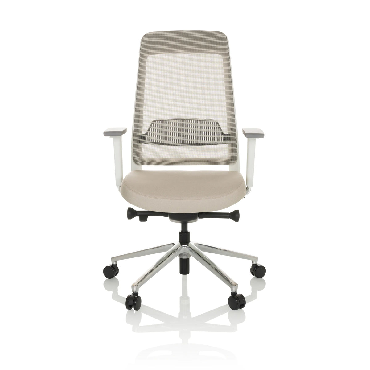 Beiger Profi-Bürostuhl CHIARO T2 WHITE mit Netzrücken und silbernem Fußkreuz mit fünf Rollen von hjh OFFICE – 360-Grad-Ansicht (Frontansicht 0°)