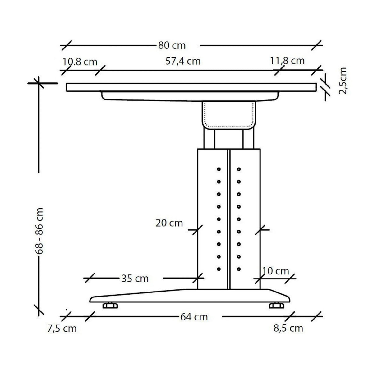 Maßzeichnung des höhenverstellbaren Schreibtisches UNDA 19 S mit einer Tischplatte von 80 cm Tiefe von hjh OFFICE PRO