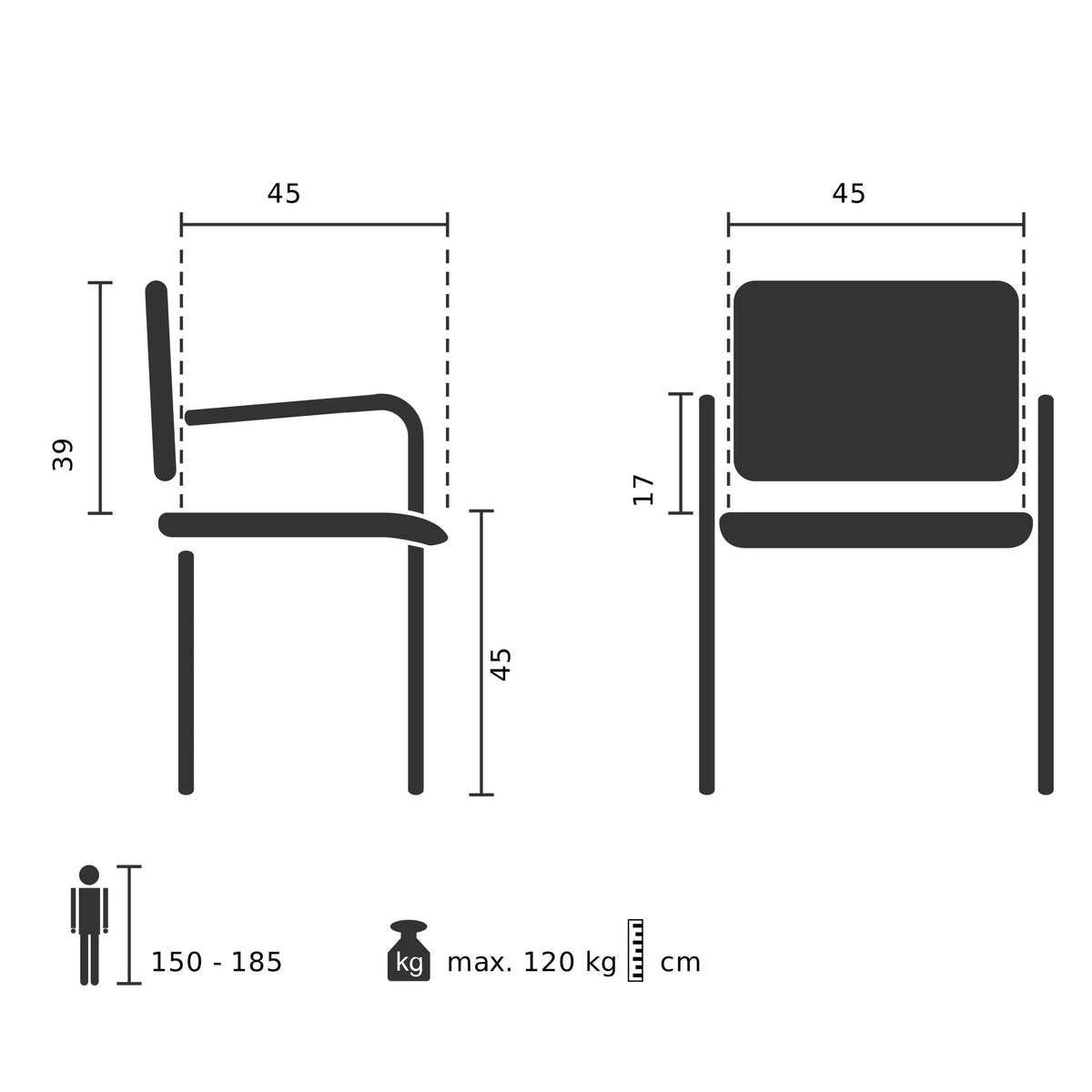 Technische Zeichnung des Klappstuhls SCANDIO mit einer Sitzhöhe von 45 cm von hjh OFFICE