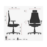 Technische Zeichnung des High-End-Bürostuhls ZERO O1 AL L mit maximal 125 kg Belastbarkeit von Sitwell Steifensand