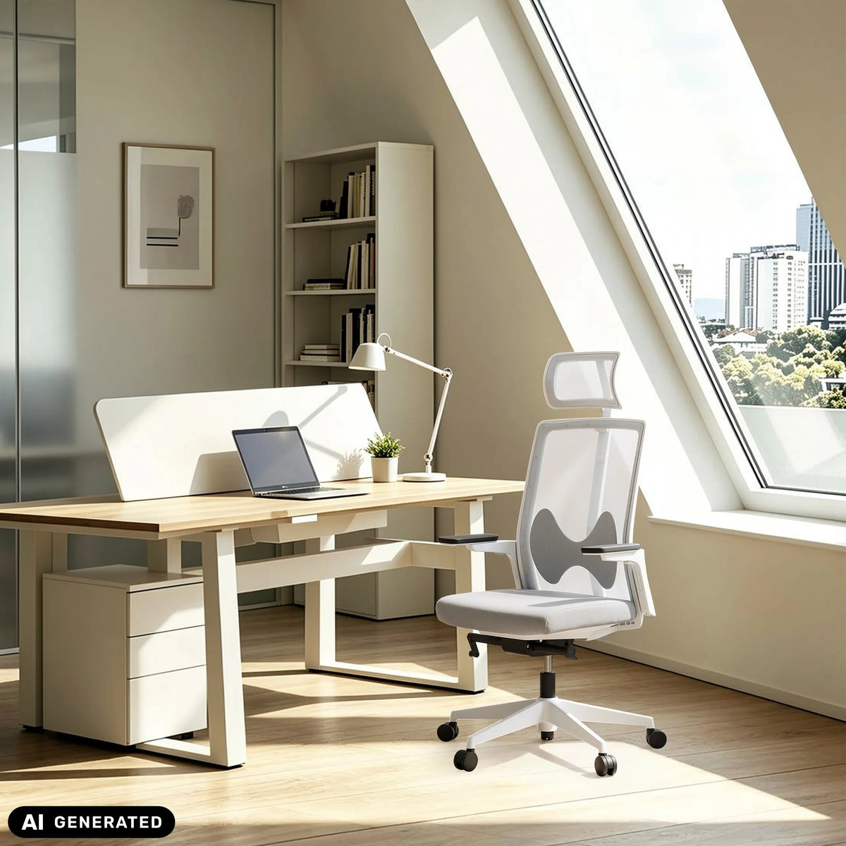 Zwei graue Profi-Bürostühle ARCEO W an weißen Schreibtischen in einem Büro von hjh OFFICE
