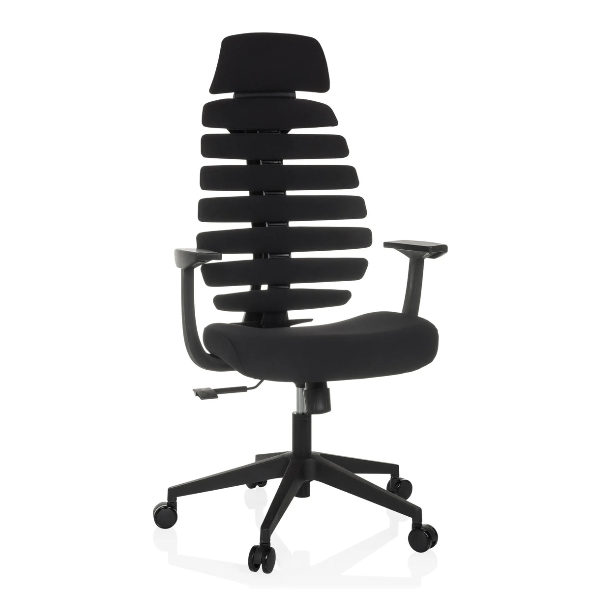 Schwarzer Profi-Bürostuhl ERGO LINE ECO mit Stoffbezug und Fußkreuz mit fünf Rollen von hjh OFFICE – 360-Grad-Ansicht (Frontansicht 15°)