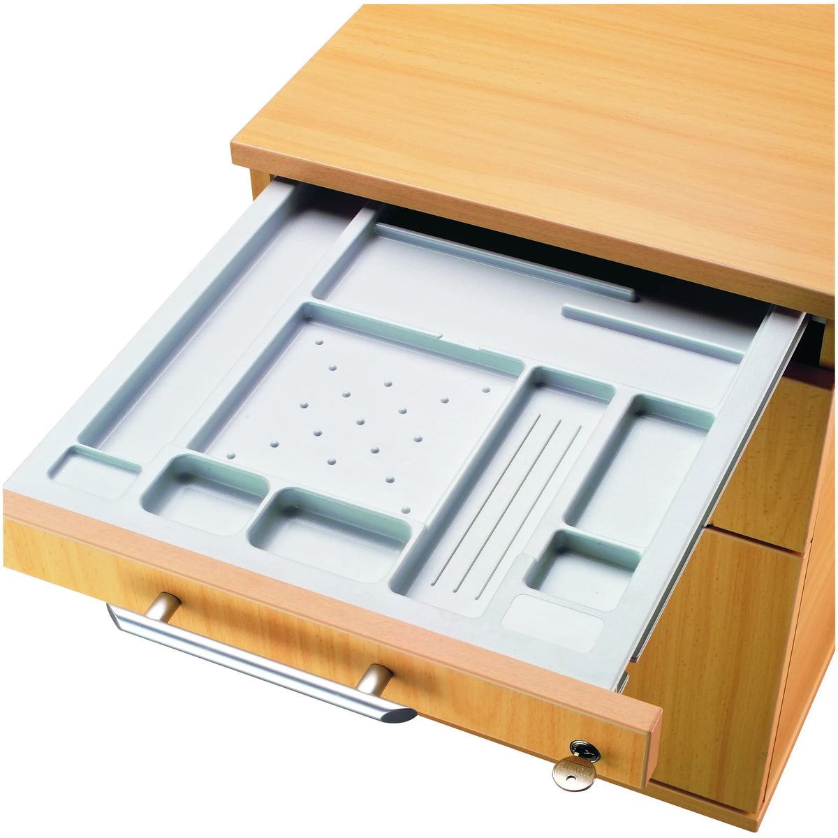 Geöffnete Schublade mit grauem Organizer-Einsatz des System Rollcontainers SIGNA AC20 in Asteiche von hjh OFFICE PRO