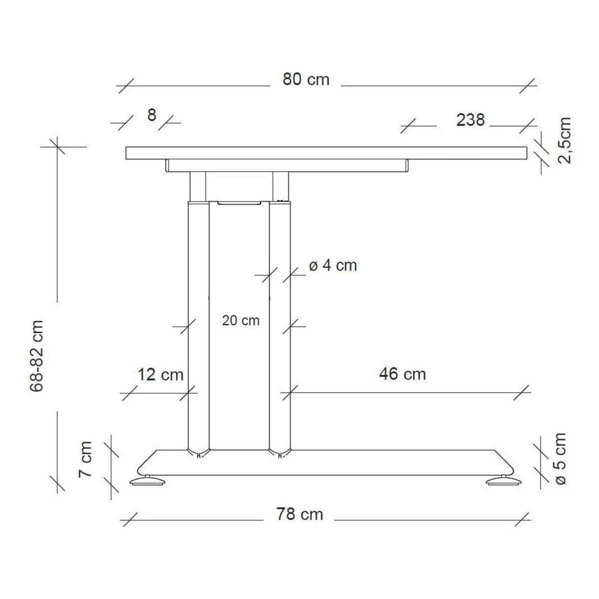 Maßzeichnung des höhenverstellbaren Schreibtisches ZENO 19 G mit einer Breite von 80 cm von hjh OFFICE PRO
