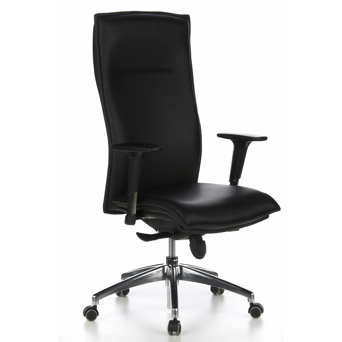 Schwarzer Luxus-Chefsessel MURANO 20 mit Armlehnen und Fußkreuz mit fünf Rollen von hjh OFFICE – 360-Grad-Ansicht (schräge Frontansicht 40°)