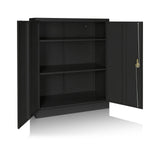 Geöffneter schwarzer Aktenschrank COLOR AS 105 mit drei Regalböden und Doppeltüren von hjh OFFICE