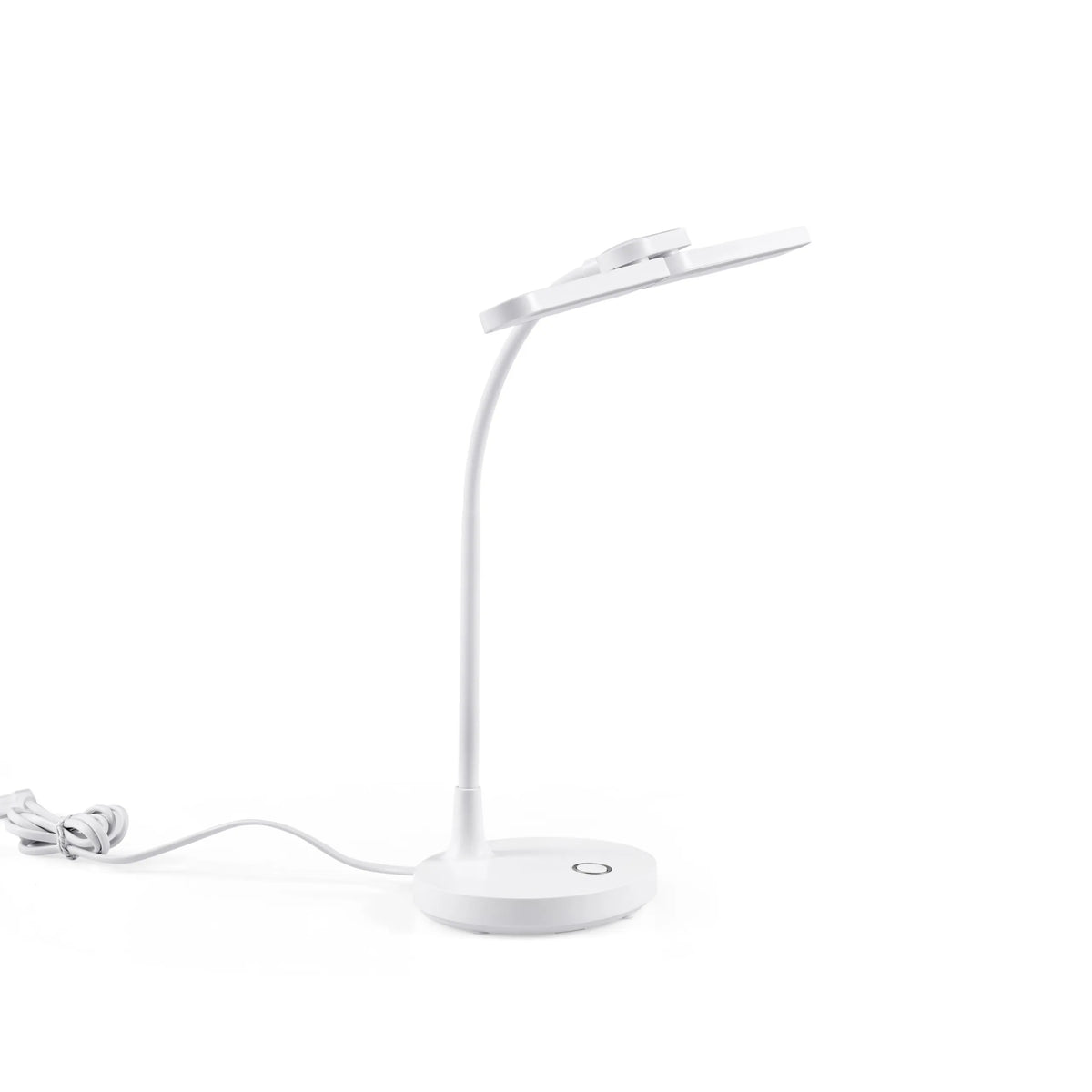Weiße Schreibtischlampe Lumanova D6 mit rundem Standfuß, flexiblem Hals und flachem Lampenkopf von hjh OFFICE – 360-Grad-Ansicht (schräge Frontansicht 30°)