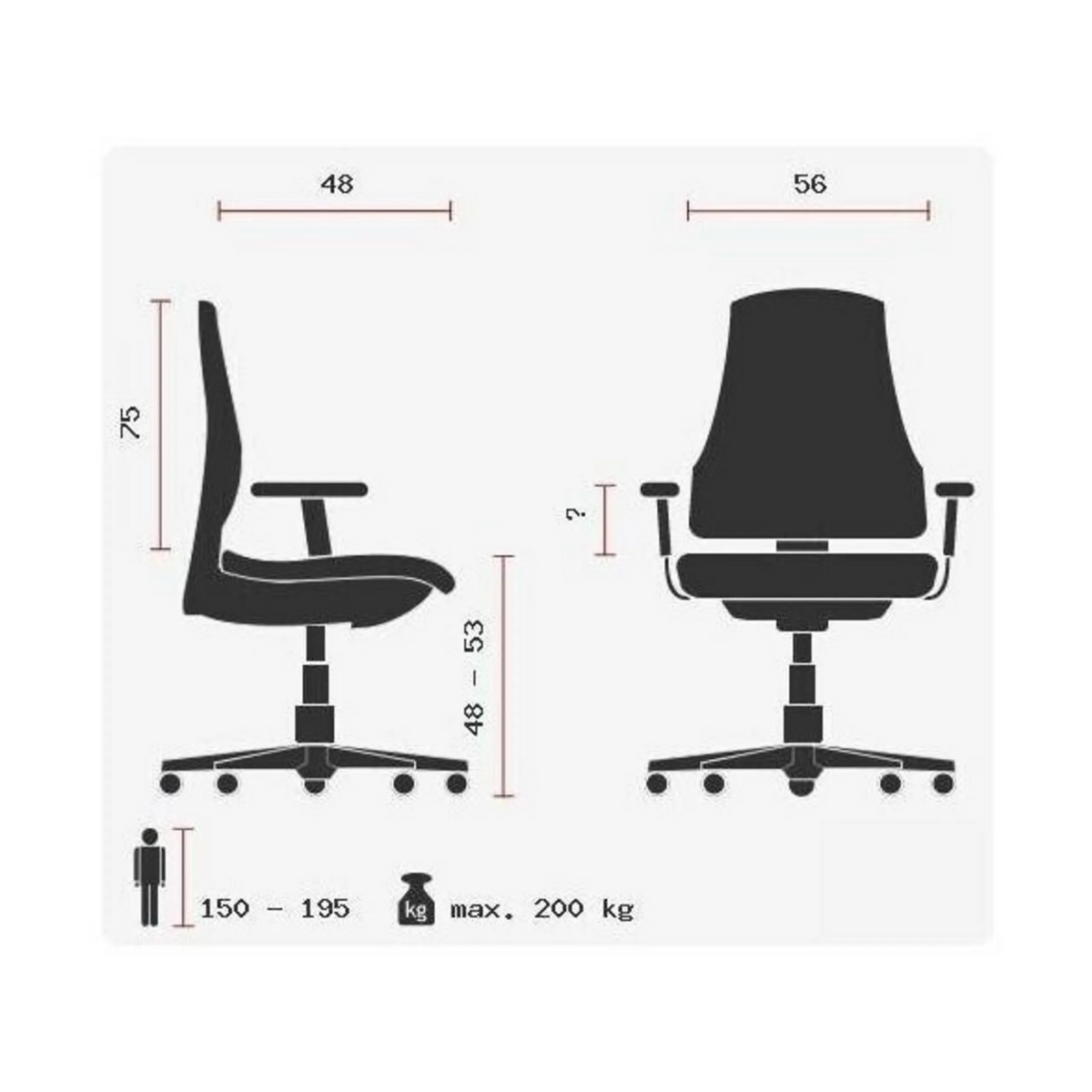 Technische Zeichnung des Drehstuhls ZERO 70 XXL L mit einer maximalen Belastbarkeit von 200 kg von Sitwell Steifensand