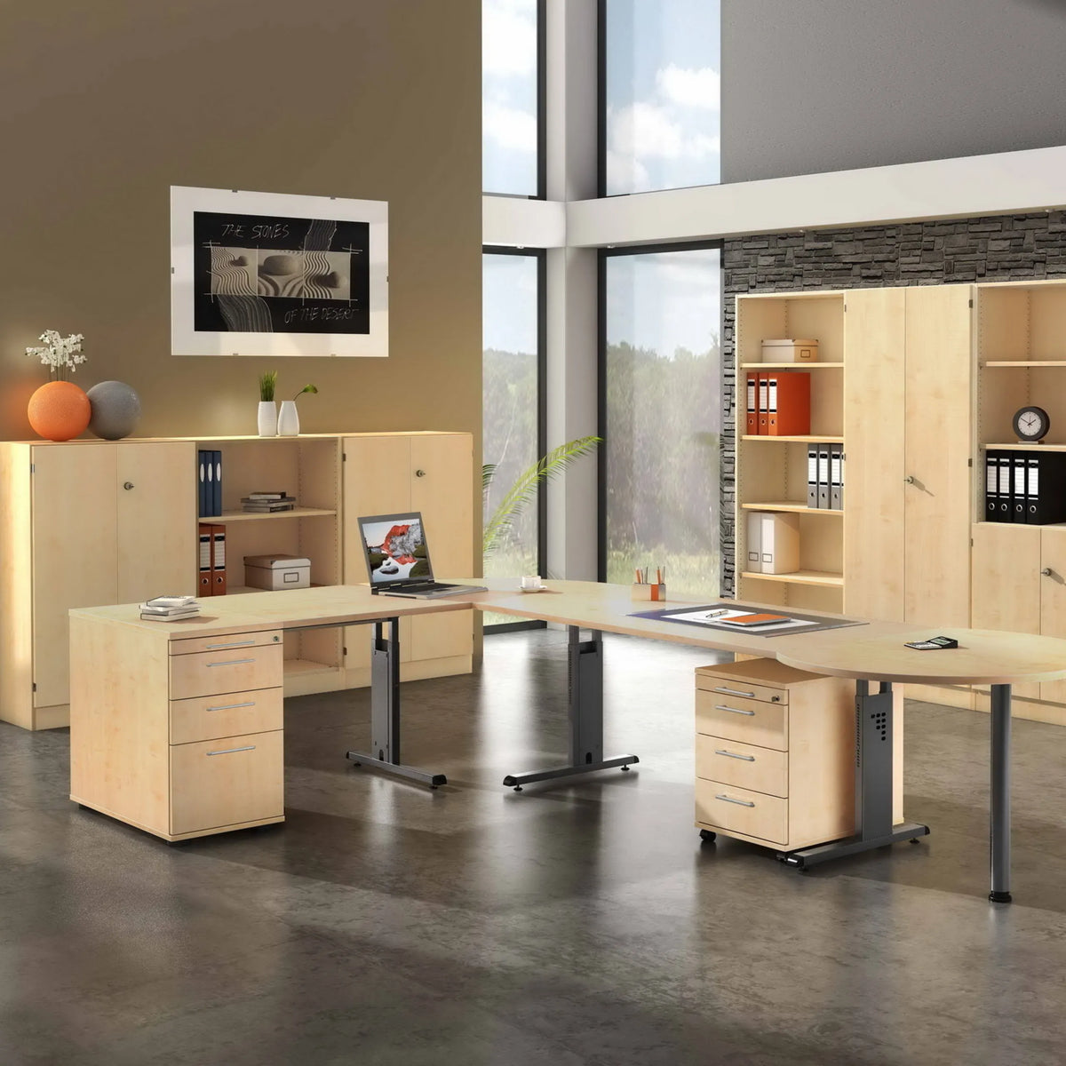 Höhenverstellbarer Schreibtisch MEGA 19 G in Ahorn und Graphit mit Container von hjh OFFICE PRO