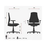 Technische Zeichnung des XXL Drehstuhls ZERO 70 XL L mit maximal 150 kg Belastbarkeit von Sitwell Steifensand