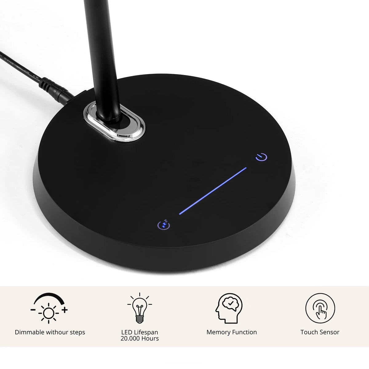 Standfuß der Schreibtischlampe Lumanova D2 in Schwarz mit Touch-Sensor und blauen Funktionssymbolen von hjh OFFICE
