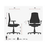 Technische Zeichnung des Profi-Bürostuhls LADY SITNESS C K2 mit einer maximalen Belastbarkeit von 100 kg von Topstar